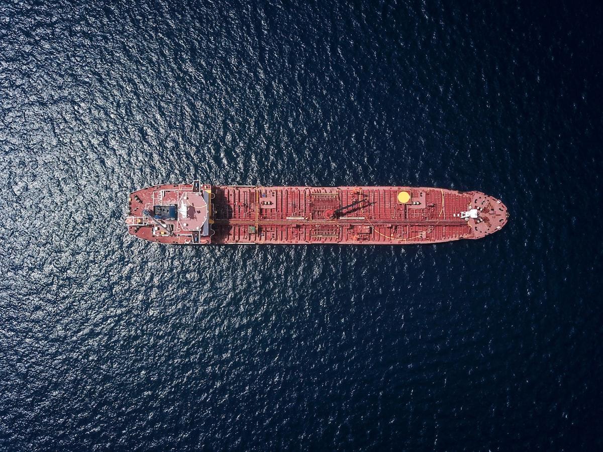 Aerial view of a cargo ship at sea